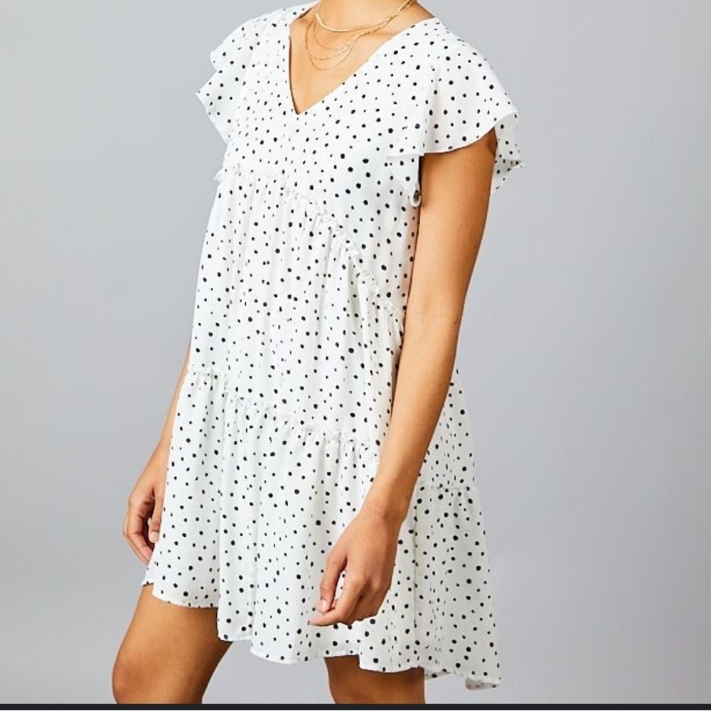 Altar’d State white black polka dot v neck flutter sleeves tiered mini dress S
